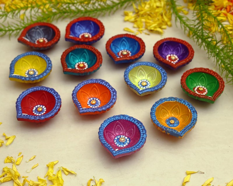 TrendBell Handmade Terracotta Set of 12 Clay Diya for Diwali/Navratri Decorations Oil Lamp Tea Light Holder Indian Festival Diyas for Pooja & Diwali Decorations | TRBD12M-015 (Multicolor) - Image 3